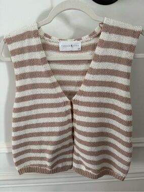 Striped Knit Sleeveless V-Neck Vest in Beige and White